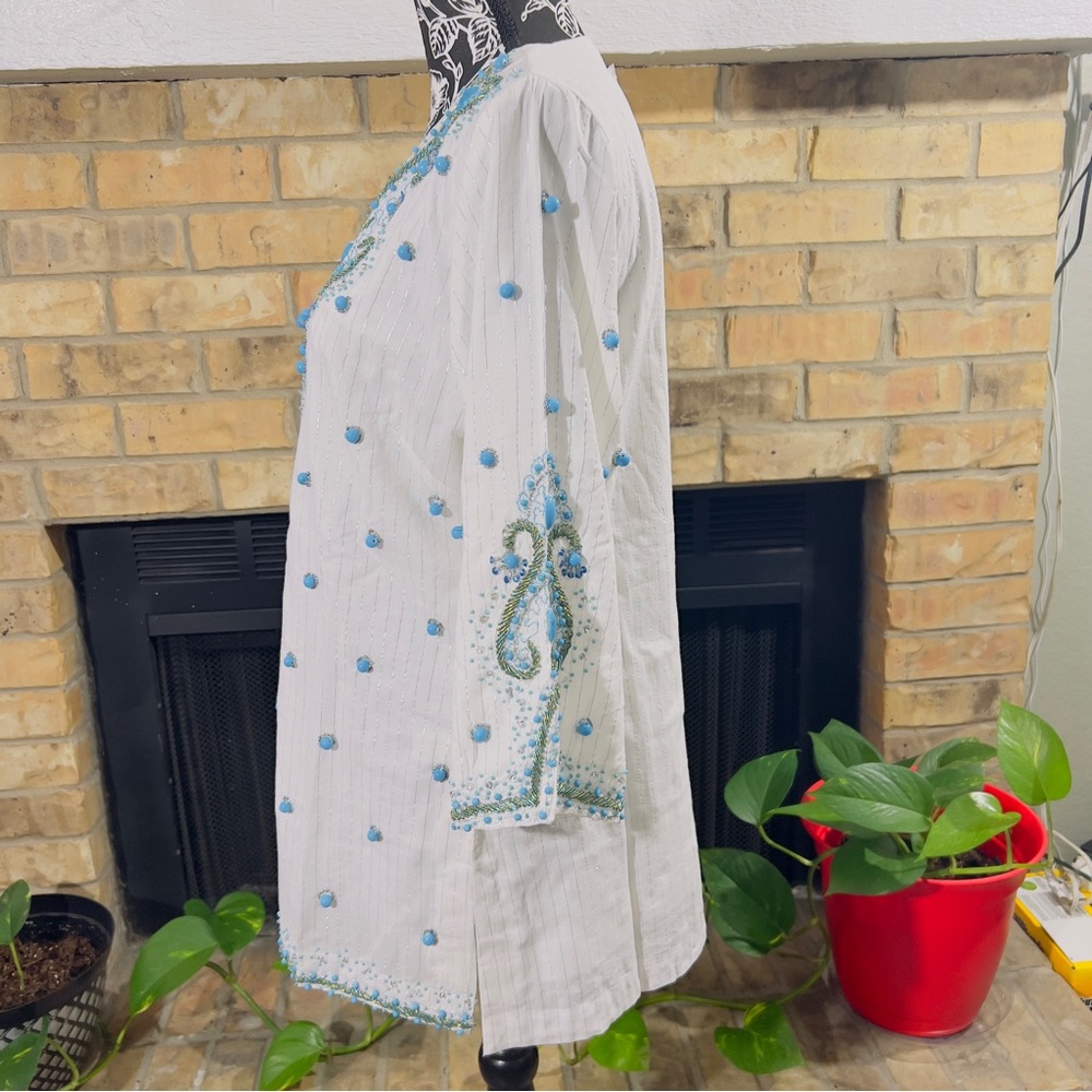 Boston Proper Embellished Tunic White with Turquoise Baubles ~ M NWT - Picture 7 of 12